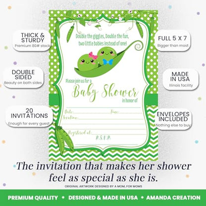 Two Peas in a Pod Theme Twin Baby Shower 20 Invitations 5"x7" Fill-In Cards with Envelopes, Boy and Girl Twin Shower Stationery Set, Design for Celebration, Made in USA by Amanda Creation - style: Two Peas in a Pod Twin Boy and Girl
