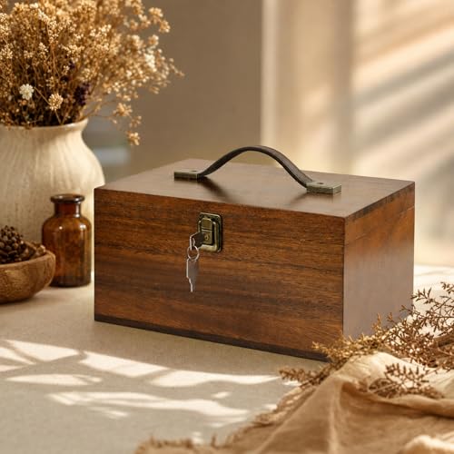 Wooden Keepsake Box, Walnut Large Memory Box with Hinged Lid & Locking Key