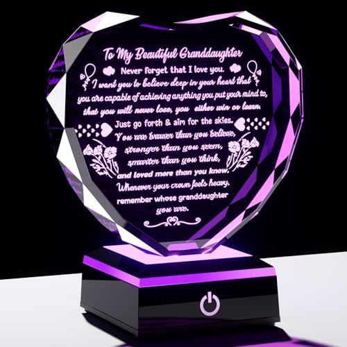 Arikyrist Crystal Heart Keepsake Granddaughter Gifts from Grandma Grandpa | Granddaughter Birthday Present Plaque, on Christmas Wedding Graduation Mothers Day Valentines Day, LED Light Base, Room Decor - color: Granddaughter
