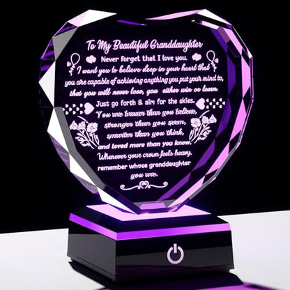 Arikyrist Crystal Heart Keepsake Granddaughter Gifts from Grandma Grandpa | Granddaughter Birthday Present Plaque, on Christmas Wedding Graduation Mothers Day Valentines Day, LED Light Base, Room Decor - color: Granddaughter