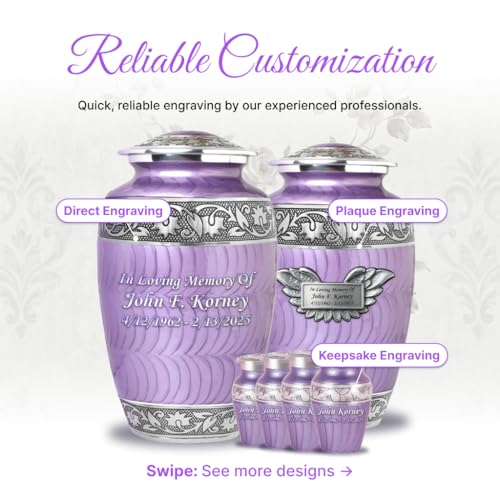 Set of 7 Custom Engraved Plaque with Purple Cremation & Funeral Urns for Ashes for Women & Men - Includes 1 Custom Engraved Large Purple Urn with 4 Small Keepsakes & 1 Necklace - color: Purple Patch Custom Plaque Set