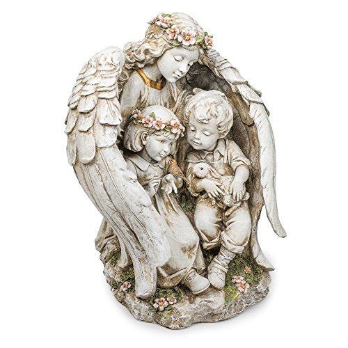 Roman Joseph's Studio 15.75-Inch Guardian Angel Statue with Children – Outdoor Garden Decor, Religious Angel Figurine for Memorial, Cemetery, or Home Decoration
