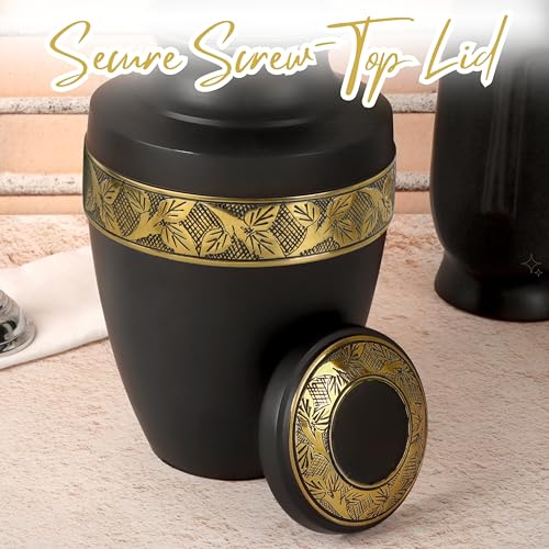 CLEENTABLE Aluminum Cremation Urn for Human Ashes, 11 in. (Black & Gold) - color: Matt Black Metallic Gold, size: Hand-Etched Leaf - 7x11"
