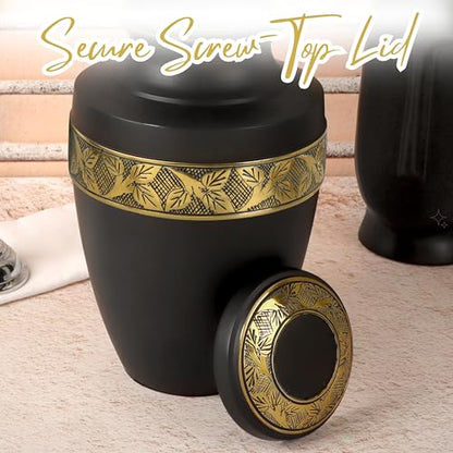 CLEENTABLE Aluminum Cremation Urn for Human Ashes, 11 in. (Black & Gold) - color: Matt Black Metallic Gold, size: Hand-Etched Leaf - 7x11"