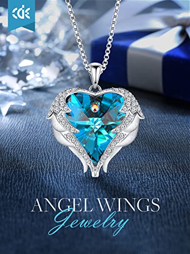 CDE Angel Wings Heart Birthstone Pendant Necklace Gift for Women | Silver/Gold Tone,Ideal Birthday & Anniversary Jewelry Gift for Wife,Girlfriend,Her - color: White-12b-Dec-Blue Zircon Birthstone
