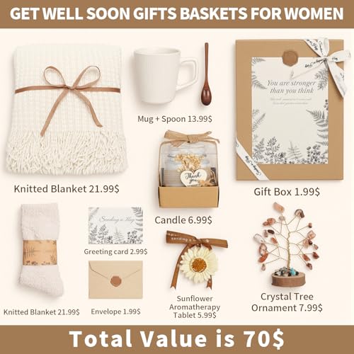 Get Well Soon Gifts Baskets for Women, Thinking of You Gift Comfort Gifts with Healing Crystals Tree, Sympathy Gift Feel Better After Surgery Recovery Wellness Hug in a Box for Her Mom Friends, Beige - color: Beige