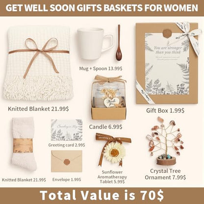 Get Well Soon Gifts Baskets for Women, Thinking of You Gift Comfort Gifts with Healing Crystals Tree, Sympathy Gift Feel Better After Surgery Recovery Wellness Hug in a Box for Her Mom Friends, Beige - color: Beige