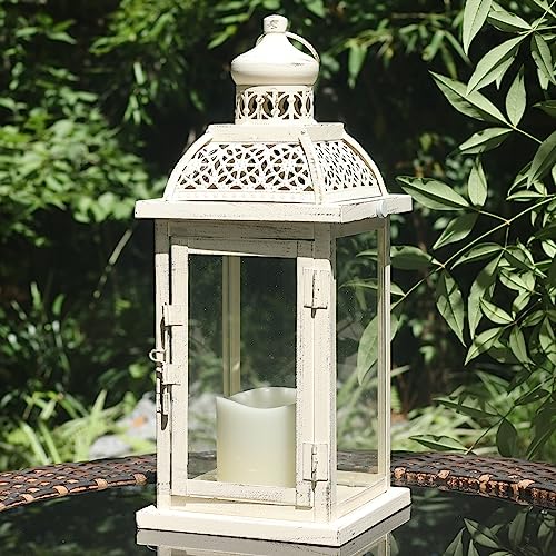 Lantern Decorative Indoor&Outdoor, 14.4'' Large Metal Candle Lanterns, Vintage Hanging Candle Holders Farmhouse Shelf Wedding Front Porch Patio Decor, Christmas Halloween Decorations for Home - color: Begie / 14.4’’h, size: Large