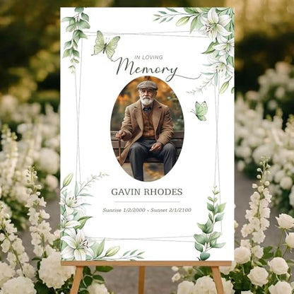 Personalized Celebration of Life Welcome Sign with Photo, Obituary Welcome Sign with Name and Date, Celebrating a Beautiful Life Butterfly Flower Tribute, Butterfly Flower Remembrance Decor, Custom Funeral Welcome Sign (Edition 7) - color: Edition 7