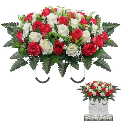 Artificial Cemetery Flowers Saddle,Cemetery Grave Decoration Headstone Flower Saddle Rose Headstone Flower Saddle Outdoor Grave Decorations (Red Beige) - color: Red Beige