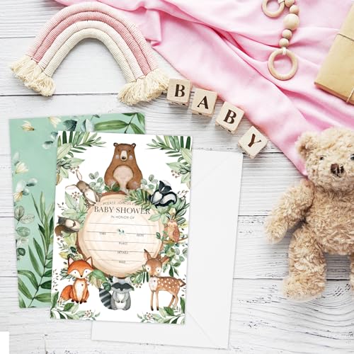 Whaline 25 Sets Woodland Baby Shower Party Invitations with Envelope Stickers Watercolor Forest Animal Greenery Invitation Cards Blank Invites for Baby Shower Birthday Party Supplies, 5 x 7 Inch - style: Woodland animals