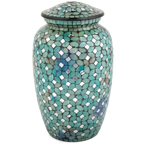 Mosaic Glass Cremation Urn - Hand Made Funeral Urn for Human Ashes - Large Adult Size Burial Urn - Hand Applied Individual Tiles Create a one of a Kind Work of Art - 200 cu in (Blue) - color: Blue