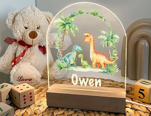 Cute Dinosaur & Friends Dino T Rex Glows Featuring a Premium Wood Base and Soft White LED Night Light Table Desk Lamp | Baby Nursery Kids Boys Girls Bedroom Room Decor | Personalized Free