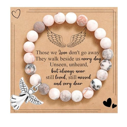 Sympathy Gifts for Loss of Loved one Memorial Healing Remembrance Condolence Grief Present for Women Pink Beads Bracelet With Angel Wings - style: Pink-Angel-Those we love don't go away