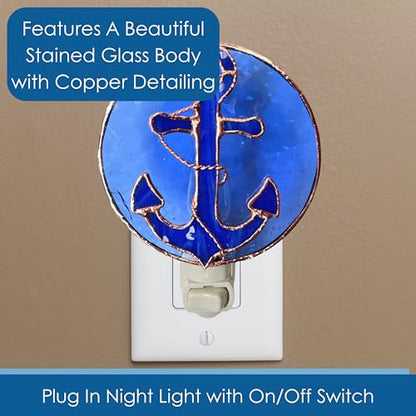 Gift Essentials Blue Anchor Plug-in Night Light - Stained Glass Nightlight | Blue Anchor Stained Glass Plug-in Nightlight with On/Off Rocker Switch. Includes One 4-Watt Replaceable Warm-Glow Bulb. - color: Anchor