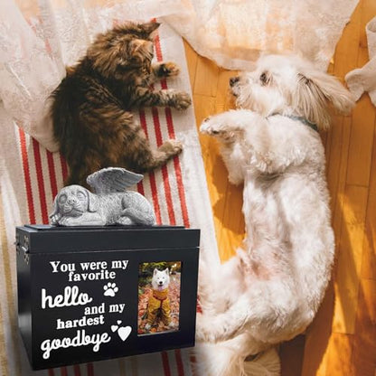 Dog Urns for Ashes Up to 100 lbs, Premium Wooden Pet Urns for Dogs with Memorial Photo Frame and Resin Statue, Dog Urn Sympathy Gift for Both Large Midium Golden Retriever, Labrador, Shepherd