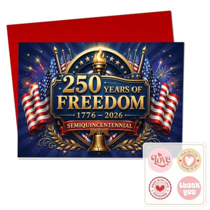250th Anniversary Card Freedom Torch Flag America Patriotic Gift | 250th Anniversary Freedom Card with American Flags and Liberty Bell for 4th of July Celebration and Patriotic Events - color: ame14