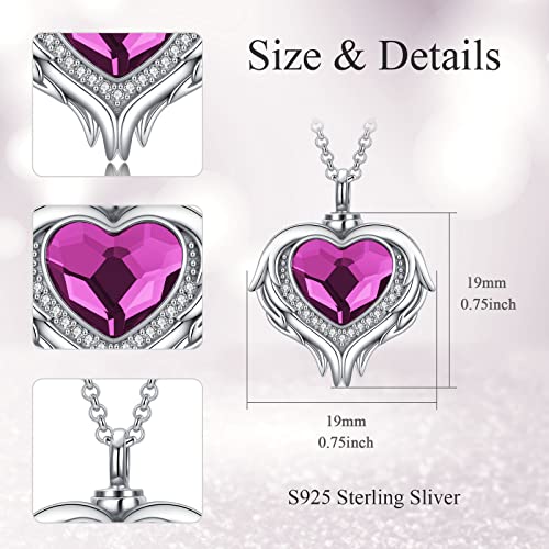 AOBOCO 925 Sterling Silver Angel Wing Heart Cremation Urn Necklace Holds Loved Ones Ashes, Memorial Keepsake Cremation Jewelry Necklace for Women - color: Silver with Purple Heart
