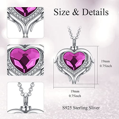 AOBOCO 925 Sterling Silver Angel Wing Heart Cremation Urn Necklace Holds Loved Ones Ashes, Memorial Keepsake Cremation Jewelry Necklace for Women - color: Silver with Purple Heart