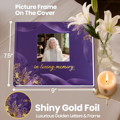 Funeral Guest Book, in Loving Memory Sign in Book with Photo Slot | 330 Entries, Table Sign Card Included, Gold Stamping, Hardcover, Celebration of Life Keepsake, 9x7.5", Purple - color: Purple Photo