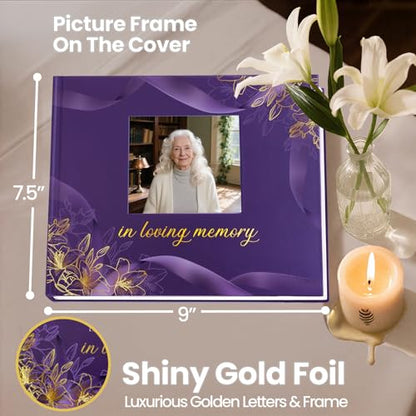 Funeral Guest Book, in Loving Memory Sign in Book with Photo Slot | 330 Entries, Table Sign Card Included, Gold Stamping, Hardcover, Celebration of Life Keepsake, 9x7.5", Purple - color: Purple Photo