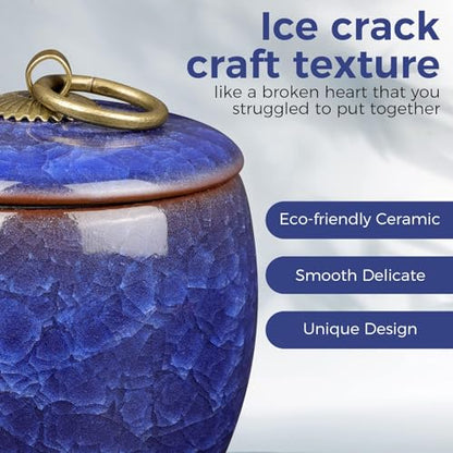 Small Urns for Human Ashes Keepsake, Ceramic Ice Crack Memorial Keepsake Cremation Urns Token Urns Mini Sharing Funeral Urns with Black Premium Box,Blue - color: Blue