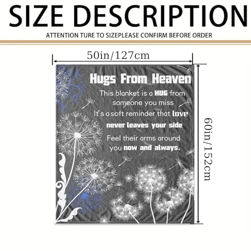 Hugs From Heaven Sympathy Throw Blanket, 50 x 60 Inch, Memorial Bereavement Gift for Loss of Loved One, Dandelion Quote Comfort Blanket for Mom Dad Family Friend, Condolence Remembrance (Heaven)