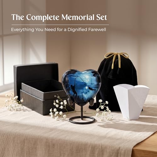 Gone Fishing Heart Urn for Human Ashes Adult Male Female - Small Keepsake Heart Shaped Cremation Urn for Dad, Men - Blue Decorative Memorial Urn with Stand, Velvet Bag and Funnel - size: Small Heart