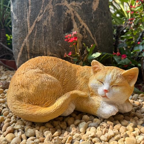 11.4 inch Sleeping Orange Cat Garden Statue – Realistic Resin Outdoor Decor for Patio Lawn Yard – Whimsical Feline Figurine for Home Balcony Porch Ornament – Charming Pet Sculpture Gift for Mom - color: E-sleeping Cat(yellow)