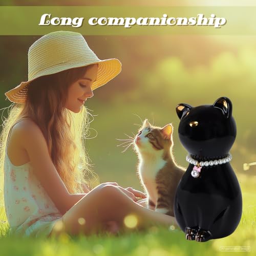 Cat Urns for Ashes, Elegant Ceramics Pets Cremation Keepsake | Funerary Urns Black Pet Urn for Cats Memorial Box with Personalized Necklace (15lbs)