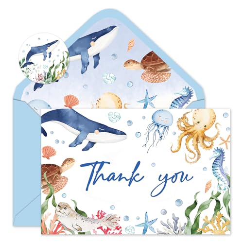 FYSUIMU 24 Pack Ocean Thank You Cards Blue Cartoon Under The Sea Note Cards with Envelopes Stickers Marine Animals Blank Greeting Card for Summer Birthday Baby Shower - style: Sea Animals