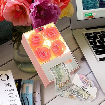 Money Box for Cash Gift Pull, Money Gift Boxes for Cash on Birthday, Christmas, Graduation, Mother's Day, for Husband, Wife, Girlfriend, Mother With Soap Rose Flower and Greeting Cards (Pink+Pink) - color: Pink+Pink