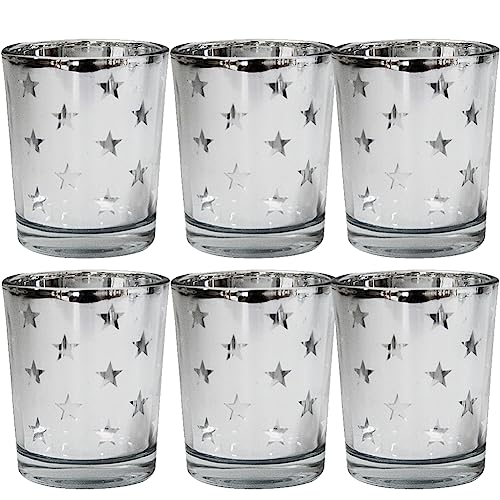 Mercury Votive Candle Holder Set of 6, Star Design Silver Mercury Glass Tealight Candle Holders, Perfect for Home, Parties, and Wedding Décor - color: Silver