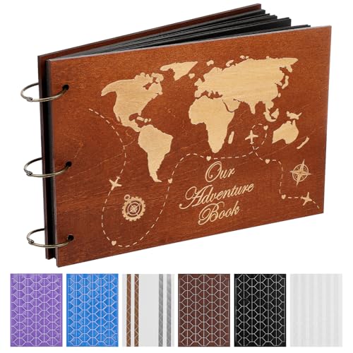 Partykindom Wooden Scrapbook Photo Album, 12x8 Inch Diy Memory Book with 40 Black Pages and 6 Corner Stickers, Ideal for Anniversaries, Weddings, Birthdays, and Special Moments