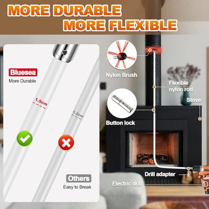 Bluesea 16 Feet Chimney Sweep Kit, Ergonomic Chimney Cleaning System with Strong Brush, Extends Up to 16 Feet, Includes 5 Flexible Chimney Rods - size: 16 feet