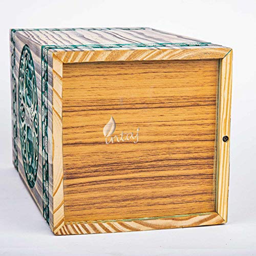 Wooden Cremation Urn for Human Ashes, 115 Cu in, Medium, Teal & Gold | Hand-carved wood, teal over gold, screw-locked sliding base, engraving available, holds up to 115 lb - color: Teal & Gold, size: Small - 8Hx4.75W (115 Cu/In)