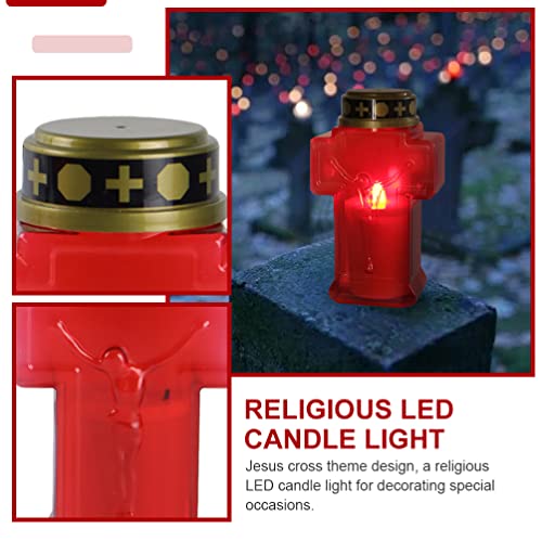 Uonlytech 2pcs Cross Candle Light, Red Flickering Flameless Candles Reusable Church Graveyard Led Candles Grave Decorations for Remembrance - size: 15.3x6.8cm