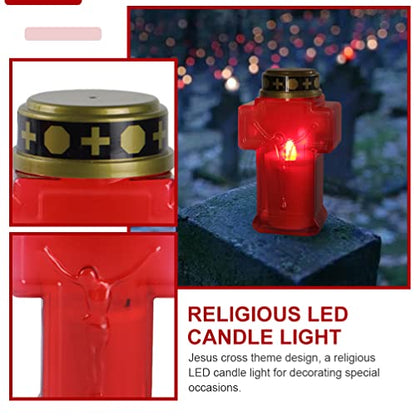 Uonlytech 2pcs Cross Candle Light, Red Flickering Flameless Candles Reusable Church Graveyard Led Candles Grave Decorations for Remembrance - size: 15.3x6.8cm