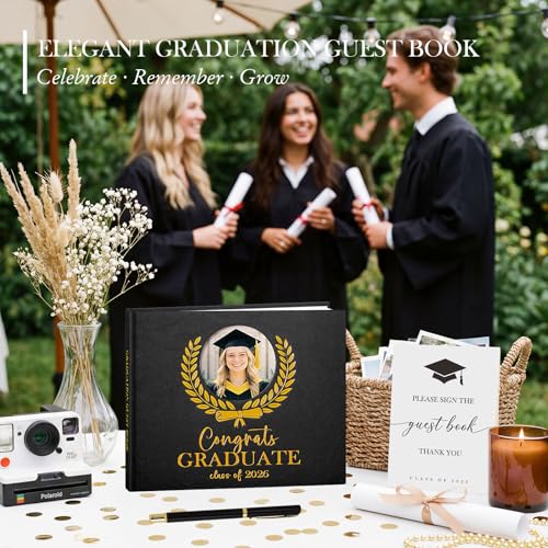 Lanpn Graduation Guest Book Class of 2026 with Pen & Table Sign, Leather Graduation Guest Sign in Books, Graduates Signature Book, Keepsake Memory Books for College High School Grad Party, Black