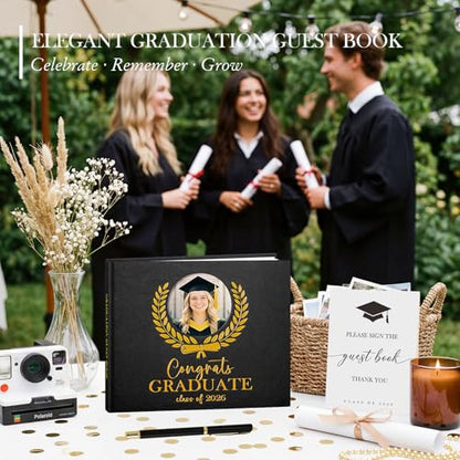 Lanpn Graduation Guest Book Class of 2026 with Pen & Table Sign, Leather Graduation Guest Sign in Books, Graduates Signature Book, Keepsake Memory Books for College High School Grad Party, Black