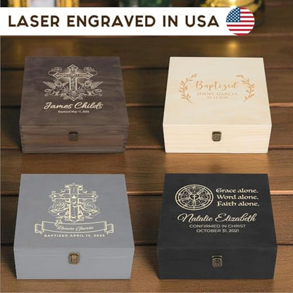 Personalized Baptism Keepsake Box, Christening & First Communion Gift | Add name & ceremony date. Holds baptism photos, rosary & candle. 12 designs, 4 sizes, 4 finishes & optional inside engraving. - style: 14. Baptism Designs 2