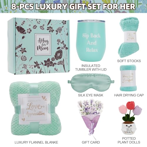 Self Care Gift Basket for Mother with Flannel Blanket, Eye Mask, Shower Cap, Cup, Socks, Get Well Soon Care Package for Women Mom Wife Girlfriend Sister (Teal) - color: Teal