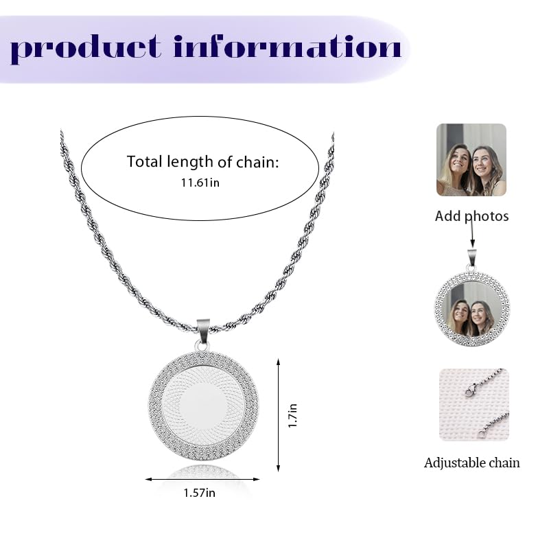 Personalized Photo Frame Necklaces Memory Keepsake Ziconia DIY Custom Picture Necklace Pendant Rhinestone Photo Necklaces - color: Silver