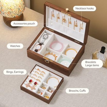 Black Walnut Wooden Lockable Jewelry Box, 2 Layer Organizer Case for Women - color: 2 Layer Lockable