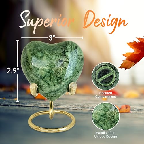 Heart Urn with Stand & Box Keepsake Urn for Human Ashes Mini Cremation Urn for Men & Women (Green) - color: Green