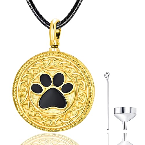 Dreamboat Pet Urn Necklace for Dog Cat Ashes 925 Sterling Silver Paw Print Cremation Keepsake Pendant Celtic Knot Memorial Jewelry Gifts for Women Men - style: 01C-Round (Gold)