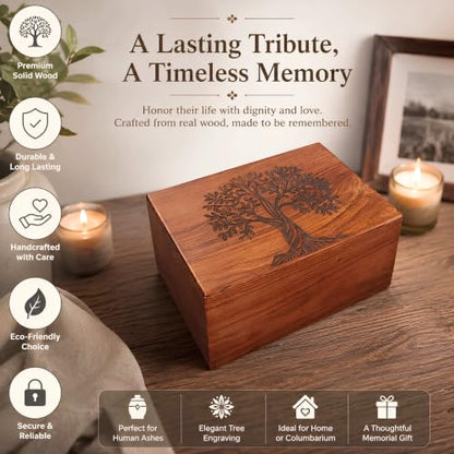 Handmade Wooden Urn for Human Ashes - Wooden Tree of Life Adult Urns - Funeral Urn for Men Women - Male Female Cremation Urn for Ash Rosewood (L-10X7X5''-260 Cu in)