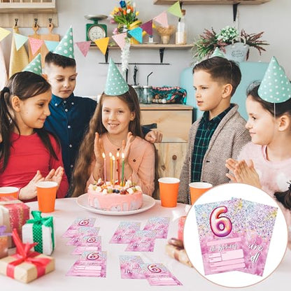 Birthday Invitations - Pink 6th Birthday Invites with Envelopes(25-Count) - Rainbow Foil Fill-in Party Invite Cards for Girls Kids Party Supplies Favors Decorations - A20 - style: Pink 6th