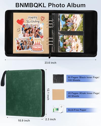 Leather Photo Album 4x6 200 Photos, DIY Scrapbook with 50 Sheets and 20 Blank Kraft Sheets, Travel Souvenir Diary Photo Book for Family Wedding Baby and Holiday Pictures - color: Green