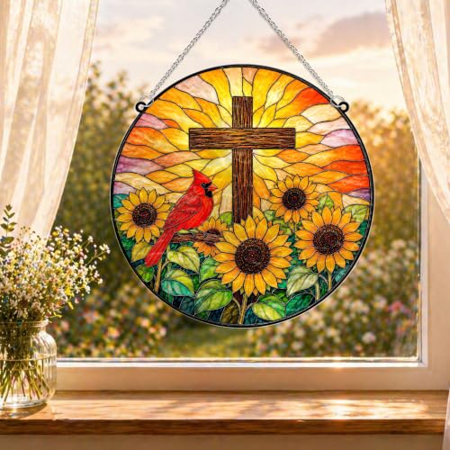 Cardinal with Jesus Cross & Sunflower Memorial Suncatcher, 8" Christian Stained Glass Wavy Acrylic, Sympathy Gift for Loss of Loved One, Mom, Dad, Grandma, Family Member, Religious Gifts for Women - color: Cardinal - Sunflower
